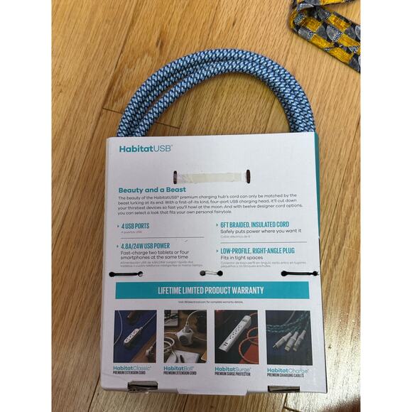 360 Habitat USB 4-Port Charging Hub 6ft Braided Cord Wall Charger 4.8A 24W Blue - Picture 2 of 2